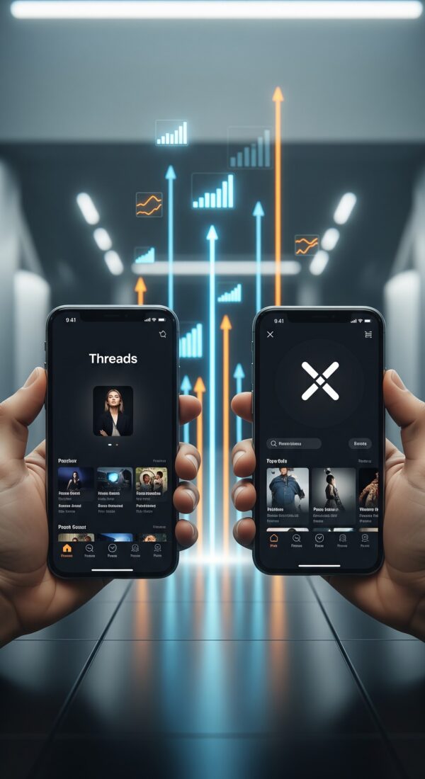 Una fotografía vertical con dos teléfonos en primer plano: uno mostrando la interfaz de Threads y otro con la de X. En el fondo, gráficos o líneas ascendentes que representen crecimiento.