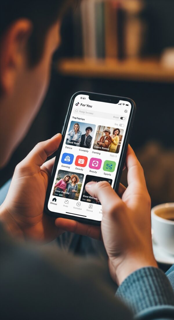 Una fotografía realista vertical que muestre a una persona navegando en TikTok en su smartphone, con la pantalla mostrando opciones de filtrado o selección de temas.